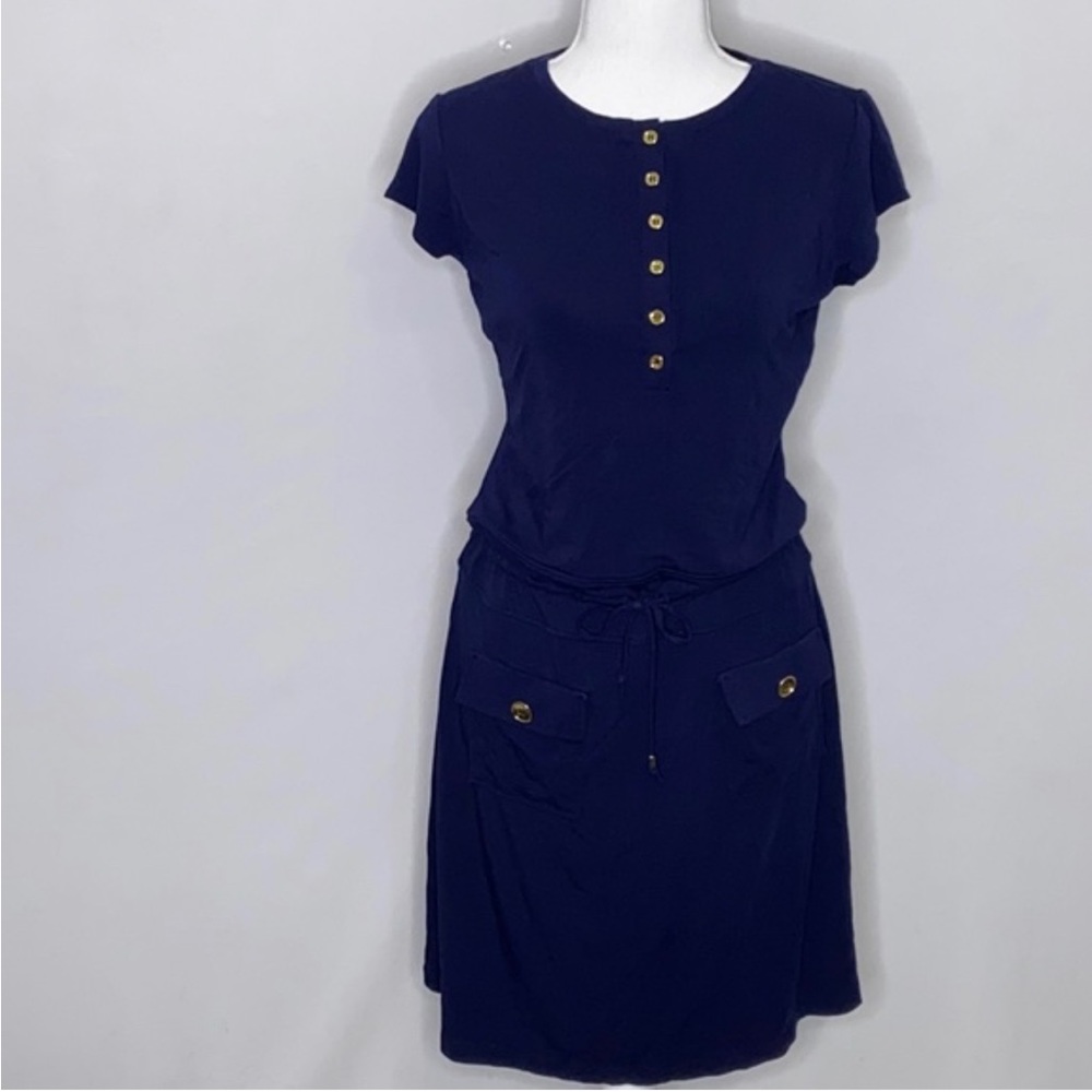 Chelsea and Theodore dress with gold buttons and drawstring